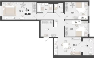 Планировка 3-комн. квартира, 88.5 м² ЖК «Барса»