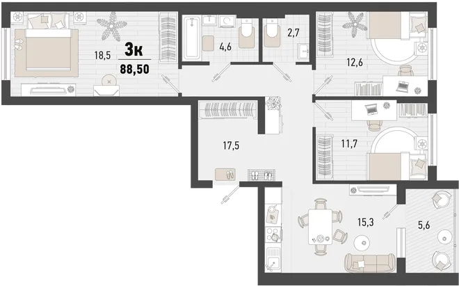 Планировка 3-комн. квартира, 88.5 м² ЖК «Барса»