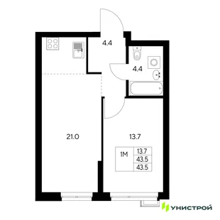 Планировка 1-комн. квартира, 43.5 м² ЖК «Стадиум»