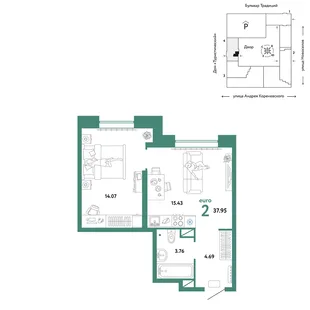 Планировка 2-комн. квартира, 37.95 м² ЖК «Микрорайон Домашний»