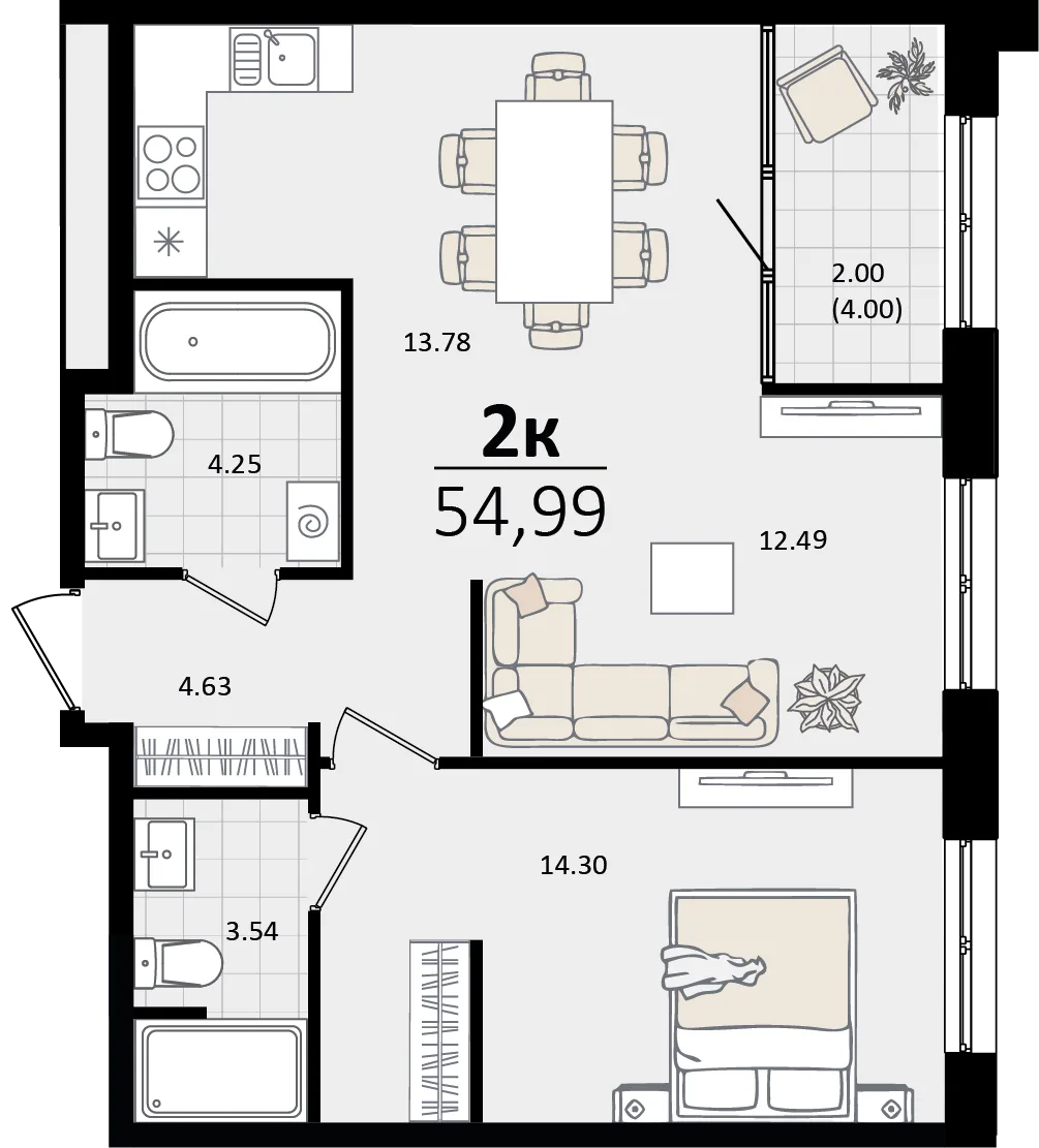 Планировка 2-комн. квартира, 54.99 м² ЖК «Патрики»