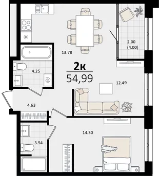 Планировка 2-комн. квартира, 54.99 м² ЖК «Патрики»