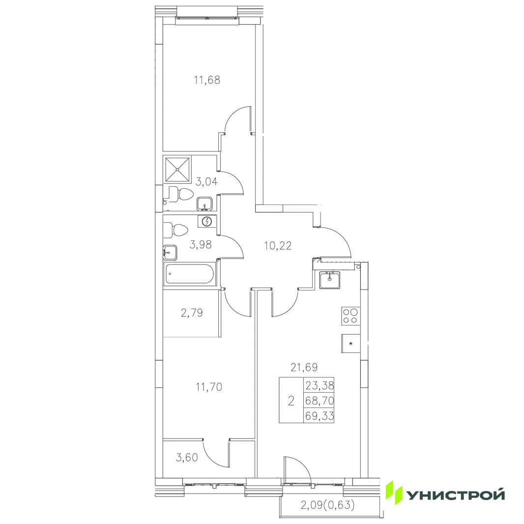 Планировка 2-комн. квартира, 69.33 м² ЖК «Statum»