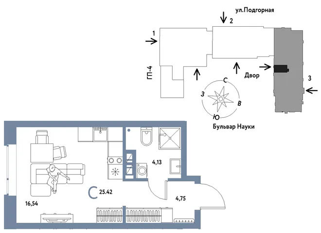 Планировка Студия, 25.42 м² ЖК «Авторский»