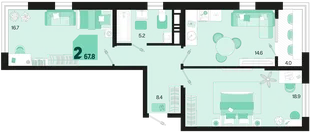 Планировка 2-комн. квартира, 67.8 м² ЖК «Первое место»