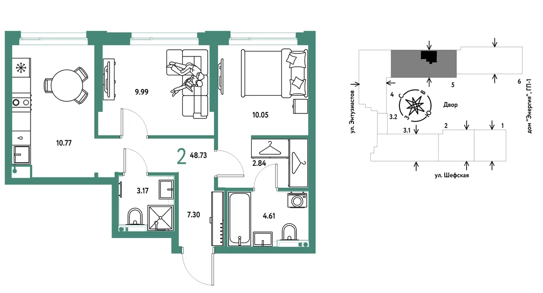 Планировка 2-комн. квартира, 48.73 м² ЖК «Страна.Энтузиастов»