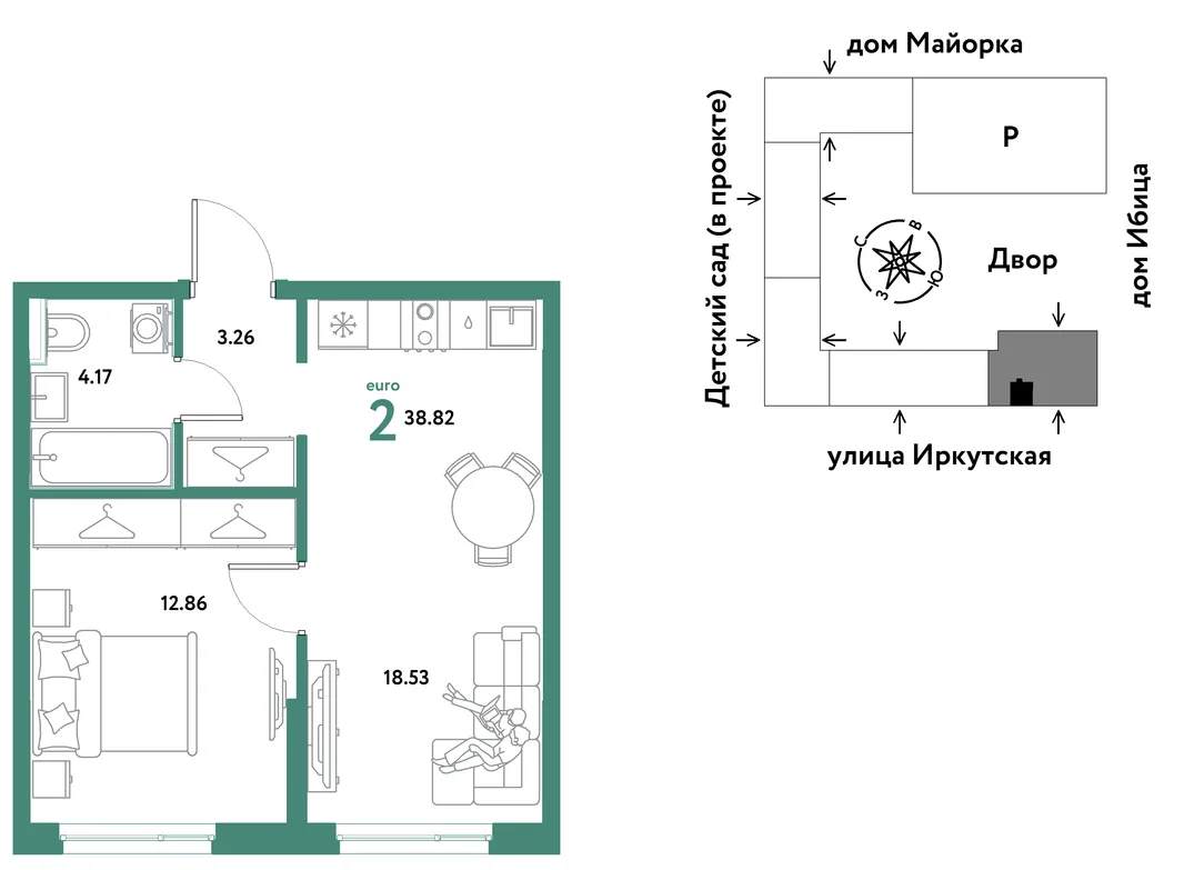 Планировка 2-комн. квартира, 38.82 м² ЖК «Остров-сад»
