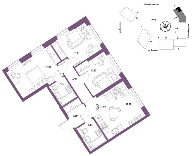 Планировка 3-комн. квартира, 71.94 м² ЖК «Сибирский сад» Планировка 3-комн. квартира, 71.94 м² ЖК «Сибирский сад»