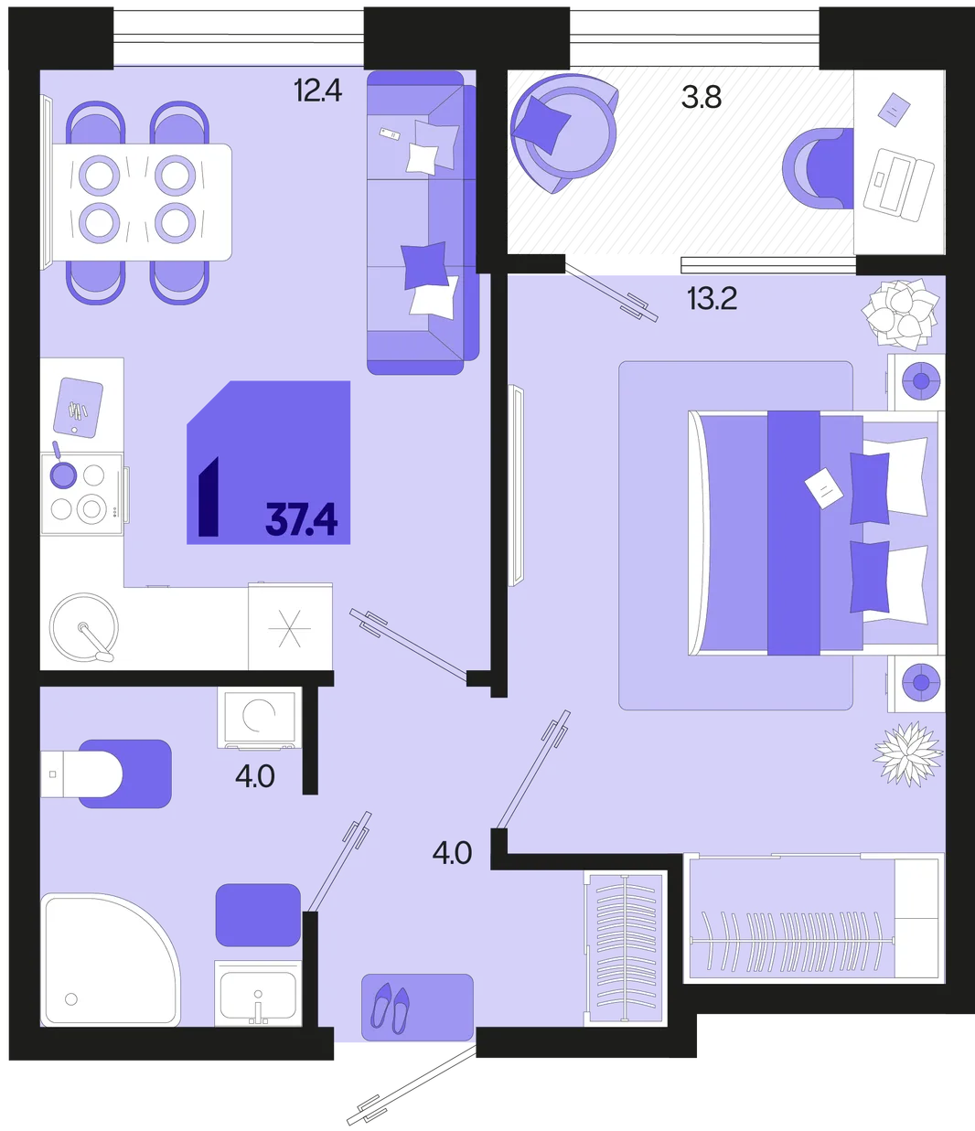 Планировка 1-комн. квартира, 37.4 м² ЖК «Первое место»