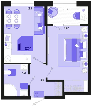 Планировка 1-комн. квартира, 37.4 м² ЖК «Первое место»