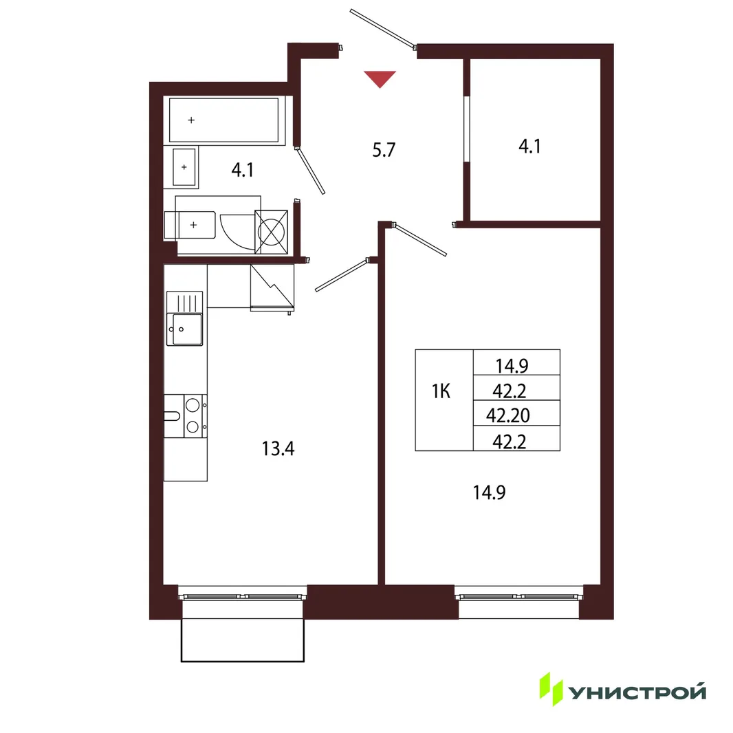 Планировка 1-комн. квартира, 42.2 м² ЖК «Лисино»