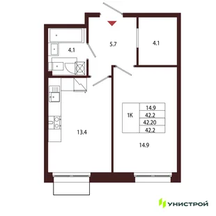Планировка 1-комн. квартира, 42.2 м² ЖК «Лисино»