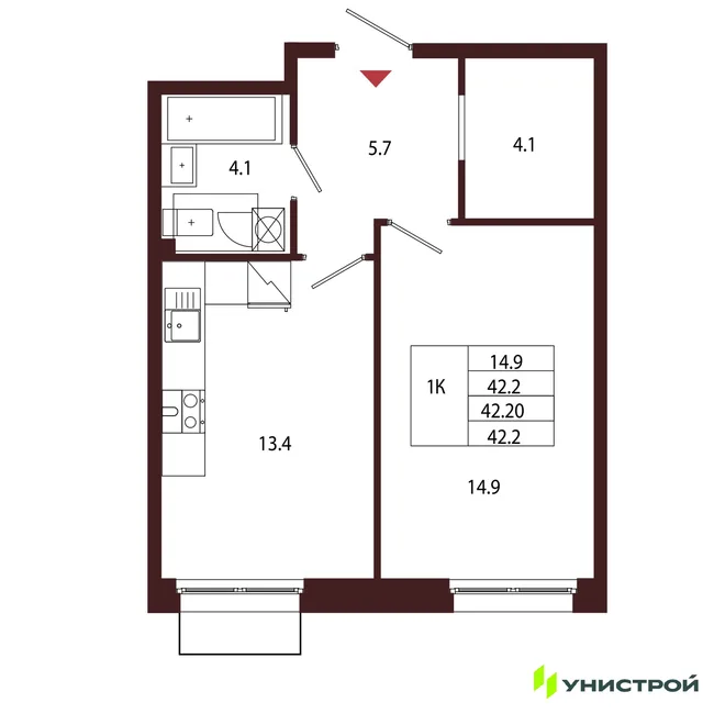 Планировка 1-комн. квартира, 42.2 м² ЖК «Лисино» Планировка 1-комн. квартира, 42.2 м² ЖК «Лисино»