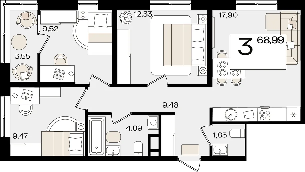 Планировка 3-комн. квартира, 68.99 м² ЖК «Патрики»