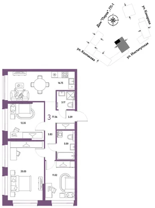 Планировка 3-комн. квартира, 77.56 м² ЖК «Страна.Парковая»