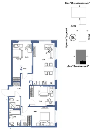 Планировка 4-комн. квартира, 79.18 м² ЖК «Микрорайон Домашний»