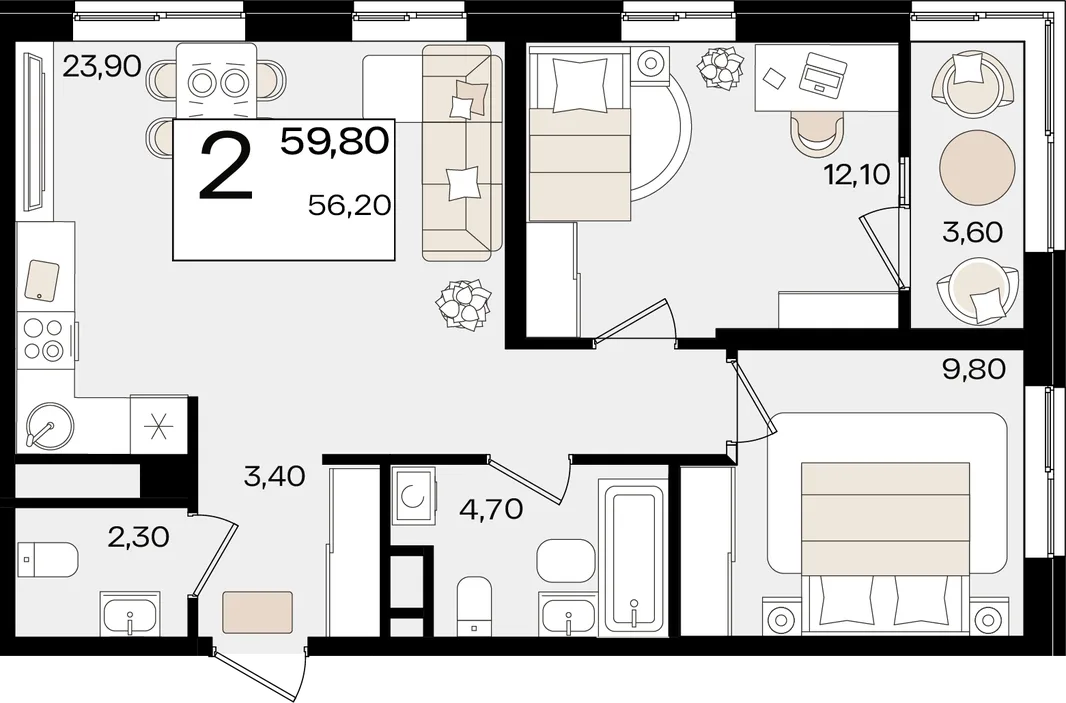 Планировка 2-комн. квартира, 59.8 м² ЖК «Патрики»