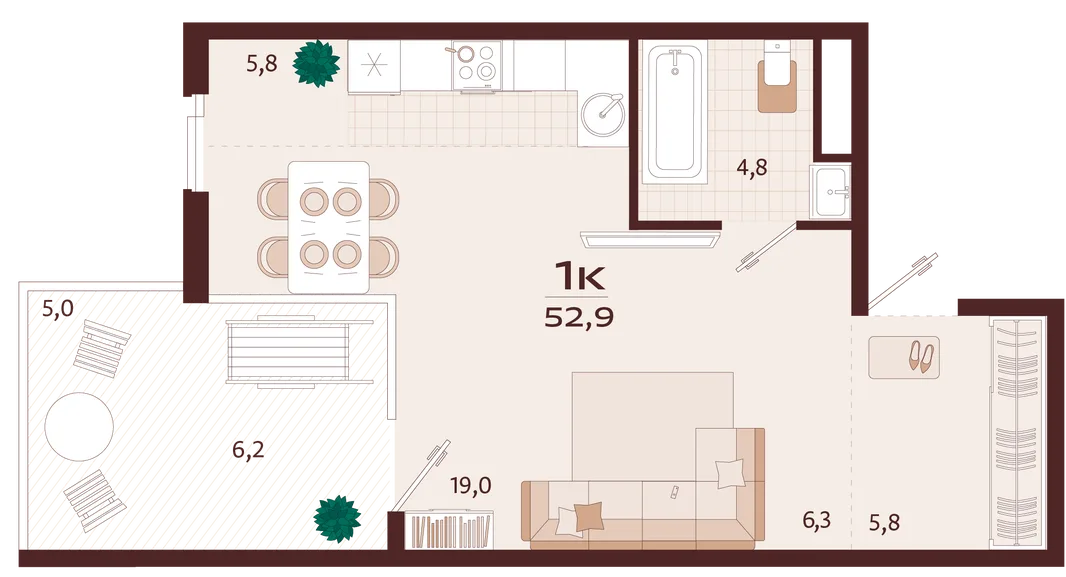 Планировка 1-комн. квартира, 52.9 м² ЖК «Роялта»