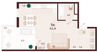Планировка 1-комн. квартира, 52.9 м² ЖК «Роялта»