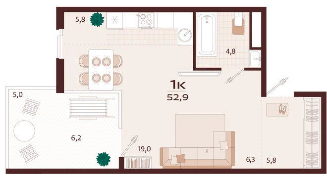 Планировка 1-комн. квартира, 52.9 м² ЖК «Роялта» Планировка 1-комн. квартира, 52.9 м² ЖК «Роялта»