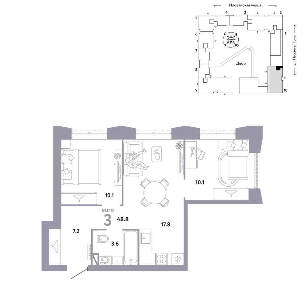 Планировка 3-комн. квартира, 48.8 м² ЖК «Страна.Заречная»