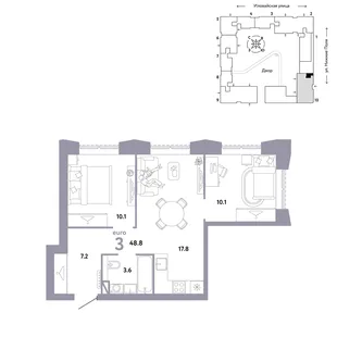 Планировка 3-комн. квартира, 48.8 м² ЖК «Страна.Заречная»