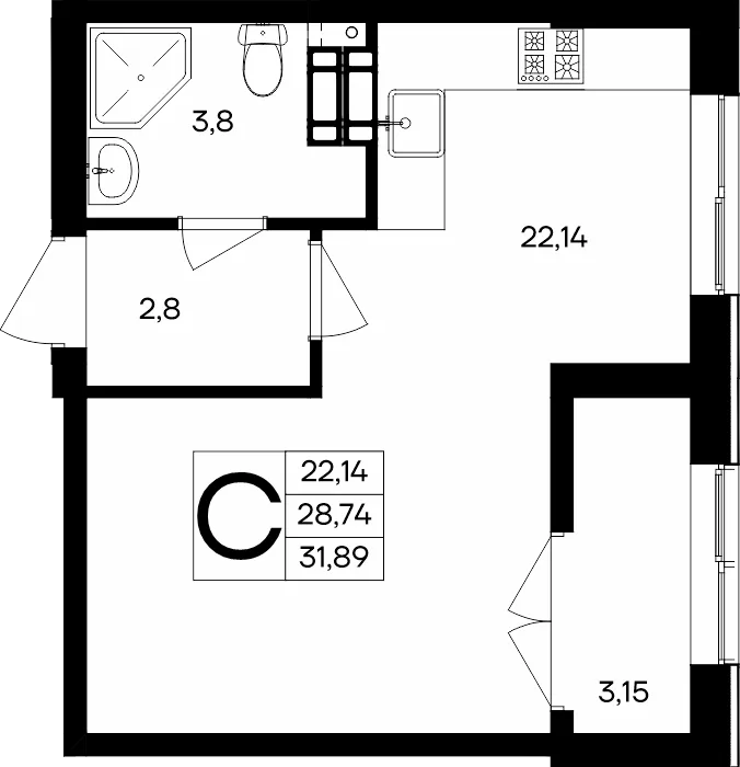 Планировка Студия, 31.89 м² ЖК «Семисчастье»