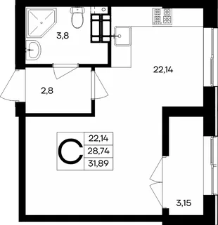 Планировка Студия, 31.89 м² ЖК «Семисчастье»