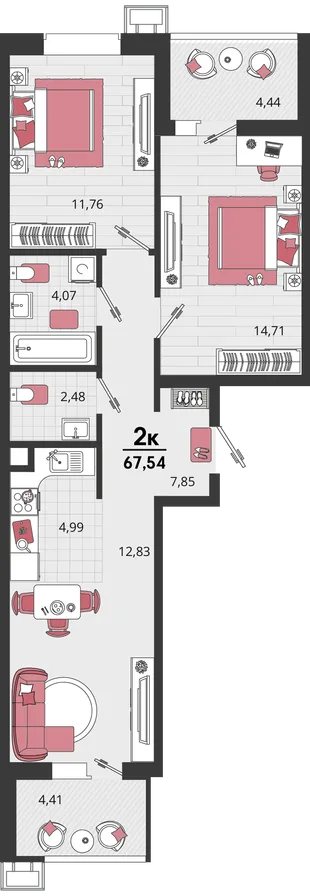 Планировка 3-комн. квартира, 67.54 м² ЖК «Родные просторы»