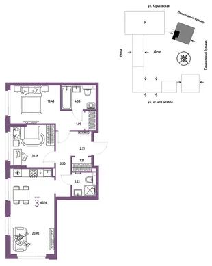 Планировка 3-комн. квартира, 63.16 м² ЖК «Сердце Сибири»