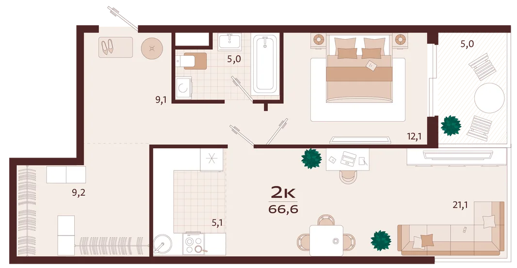 Планировка 2-комн. квартира, 66.6 м² ЖК «Роялта»