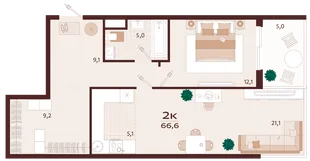 Планировка 2-комн. квартира, 66.6 м² ЖК «Роялта»
