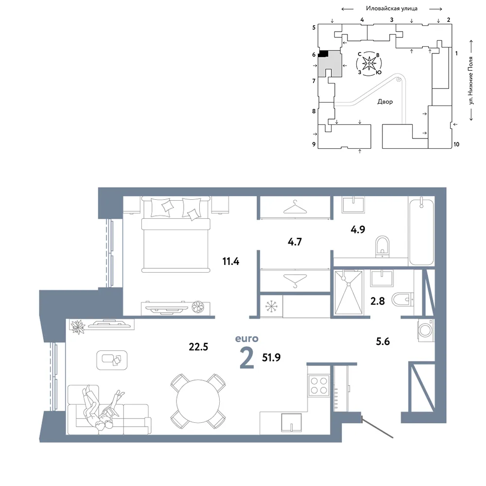 Планировка 2-комн. квартира, 51.9 м² ЖК «Страна.Заречная»