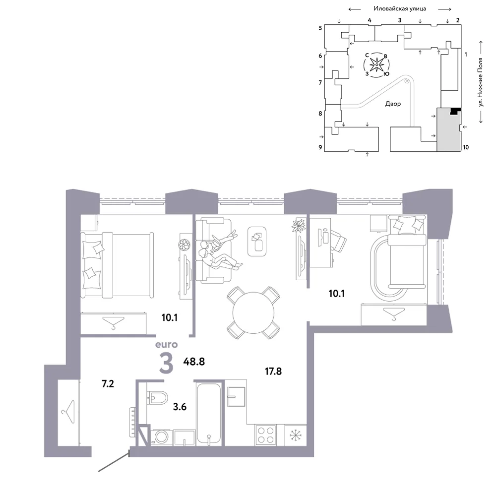 Планировка 3-комн. квартира, 48.8 м² ЖК «Страна.Заречная»