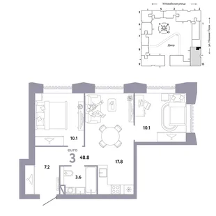 Планировка 3-комн. квартира, 48.8 м² ЖК «Страна.Заречная»