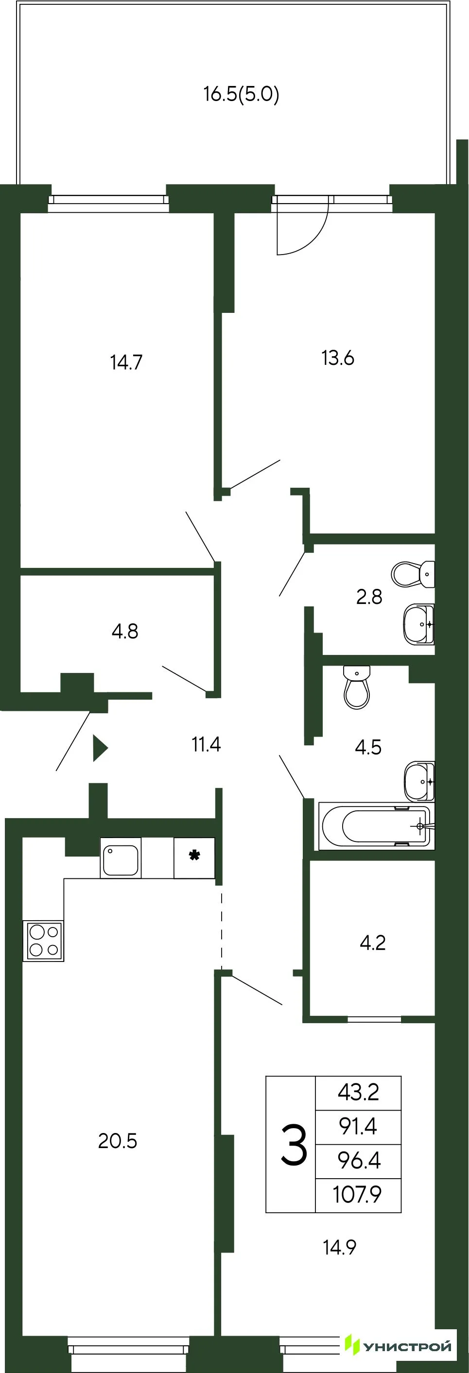 Планировка 3-комн. квартира, 96.4 м² ЖК «Парковый квартал 2.0»