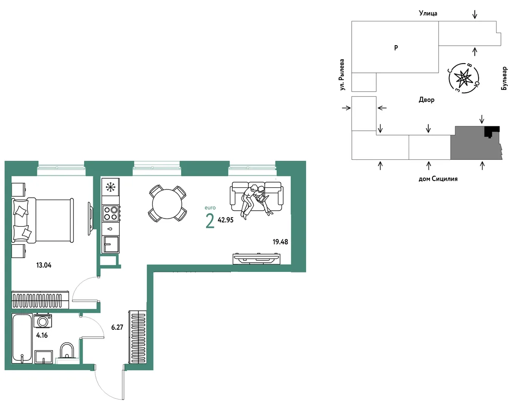 Планировка 2-комн. квартира, 42.95 м² ЖК «Остров-сад»
