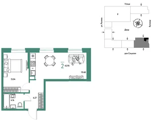 Планировка 2-комн. квартира, 42.95 м² ЖК «Остров-сад»