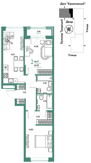 Планировка 2-комн. квартира, 66.77 м² ЖК «Микрорайон Домашний»