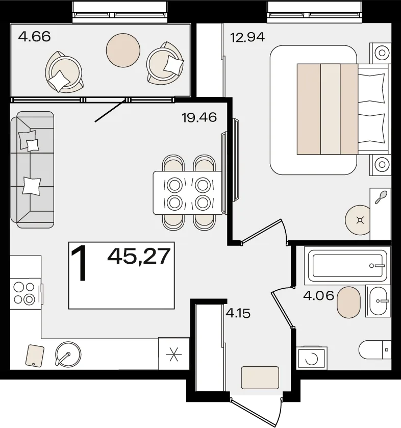 Планировка 1-комн. квартира, 45.27 м² ЖК «Патрики»