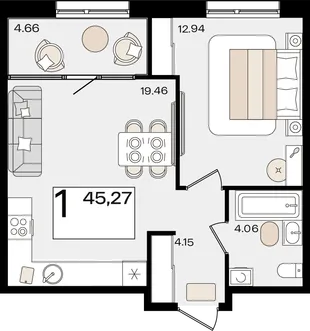 Планировка 1-комн. квартира, 45.27 м² ЖК «Патрики»