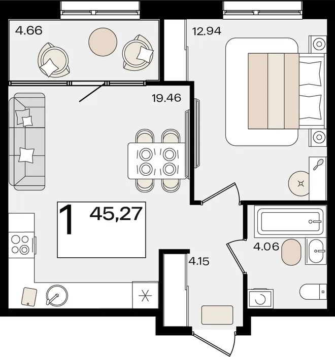 Планировка 1-комн. квартира, 45.27 м² ЖК «Патрики» Планировка 1-комн. квартира, 45.27 м² ЖК «Патрики»