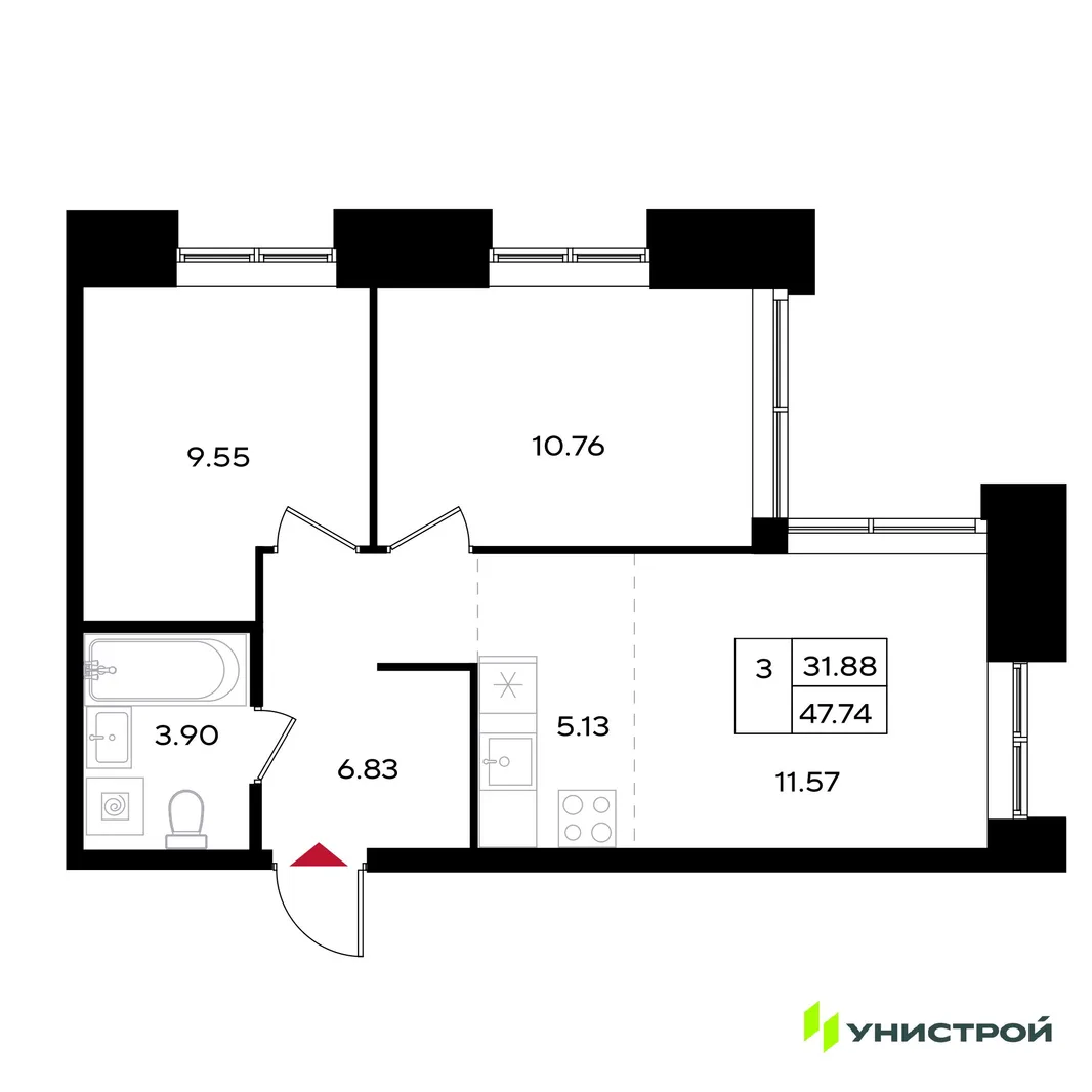 Планировка 3-комн. квартира, 47.74 м² ЖК «Уникум на Энгельса»