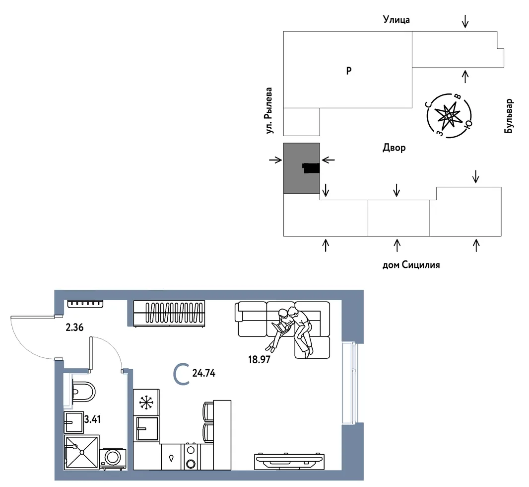 Планировка Студия, 24.74 м² ЖК «Остров-сад»