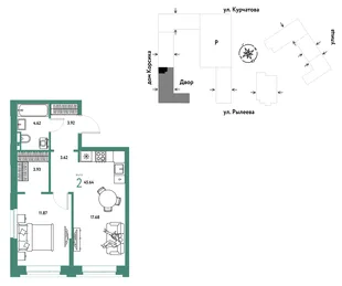 Планировка 2-комн. квартира, 45.64 м² ЖК «Остров-сад»
