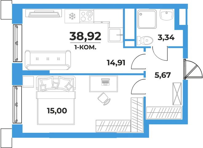 Планировка 1-комн. квартира, 38.92 м² ЖК «На семи холмах» Планировка 1-комн. квартира, 38.92 м² ЖК «На семи холмах»