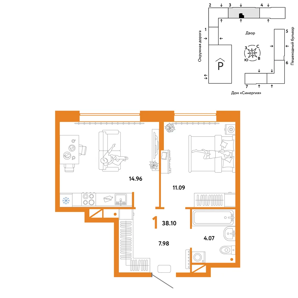 Планировка 1-комн. квартира, 38.1 м² ЖК «Юнион»