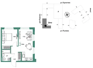 Планировка 2-комн. квартира, 38.66 м² ЖК «Остров-сад»