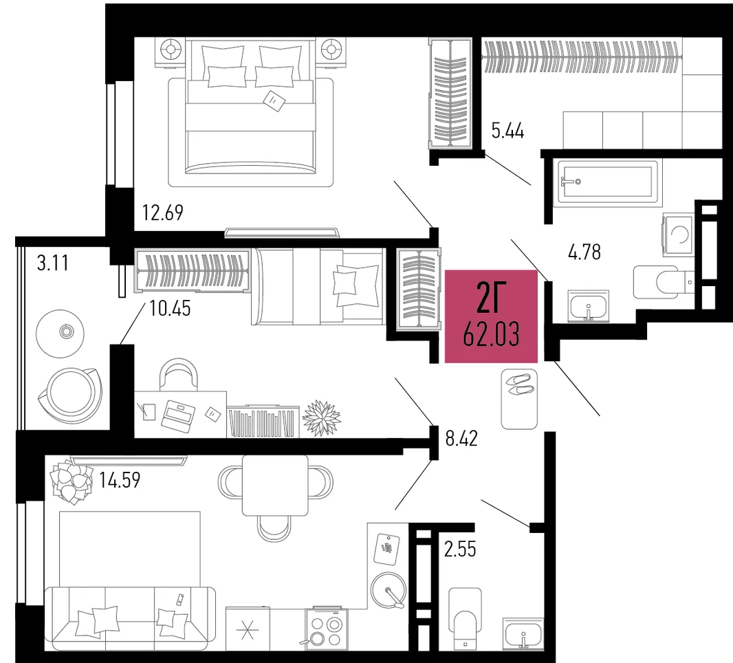 Планировка 2-комн. квартира, 62.03 м² ЖК «Столицыно»