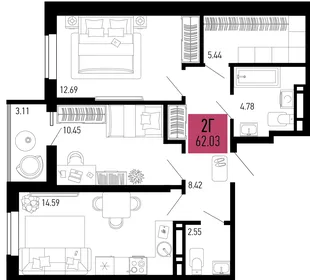 Планировка 2-комн. квартира, 62.03 м² ЖК «Столицыно»